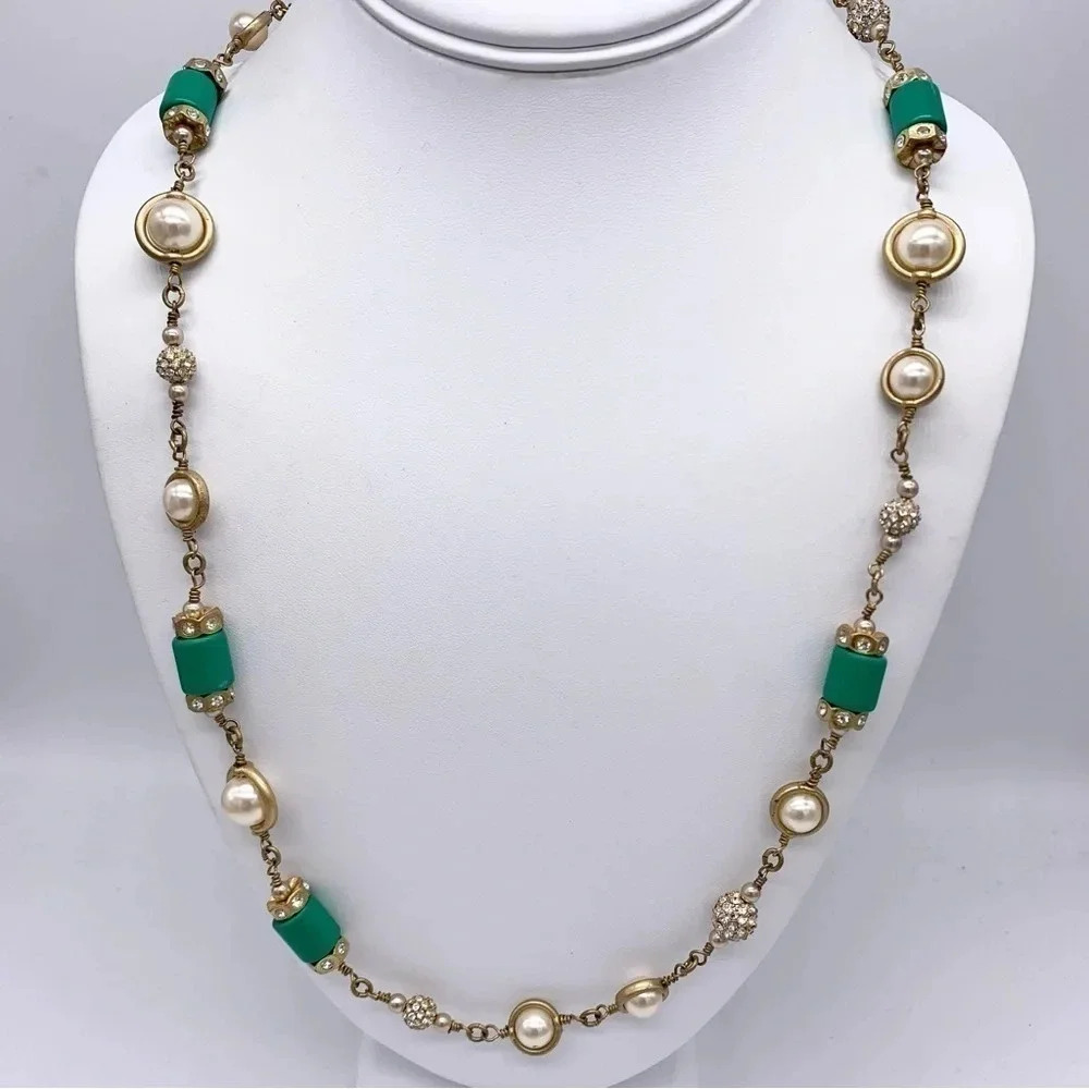 J. Crew Green Beaded Pearl and Pave Necklace